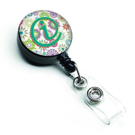 CAROLINES TREASURES Letter I Flowers Pink and Teal Green Initial Retractable Badge Reel CJ2011-IBR